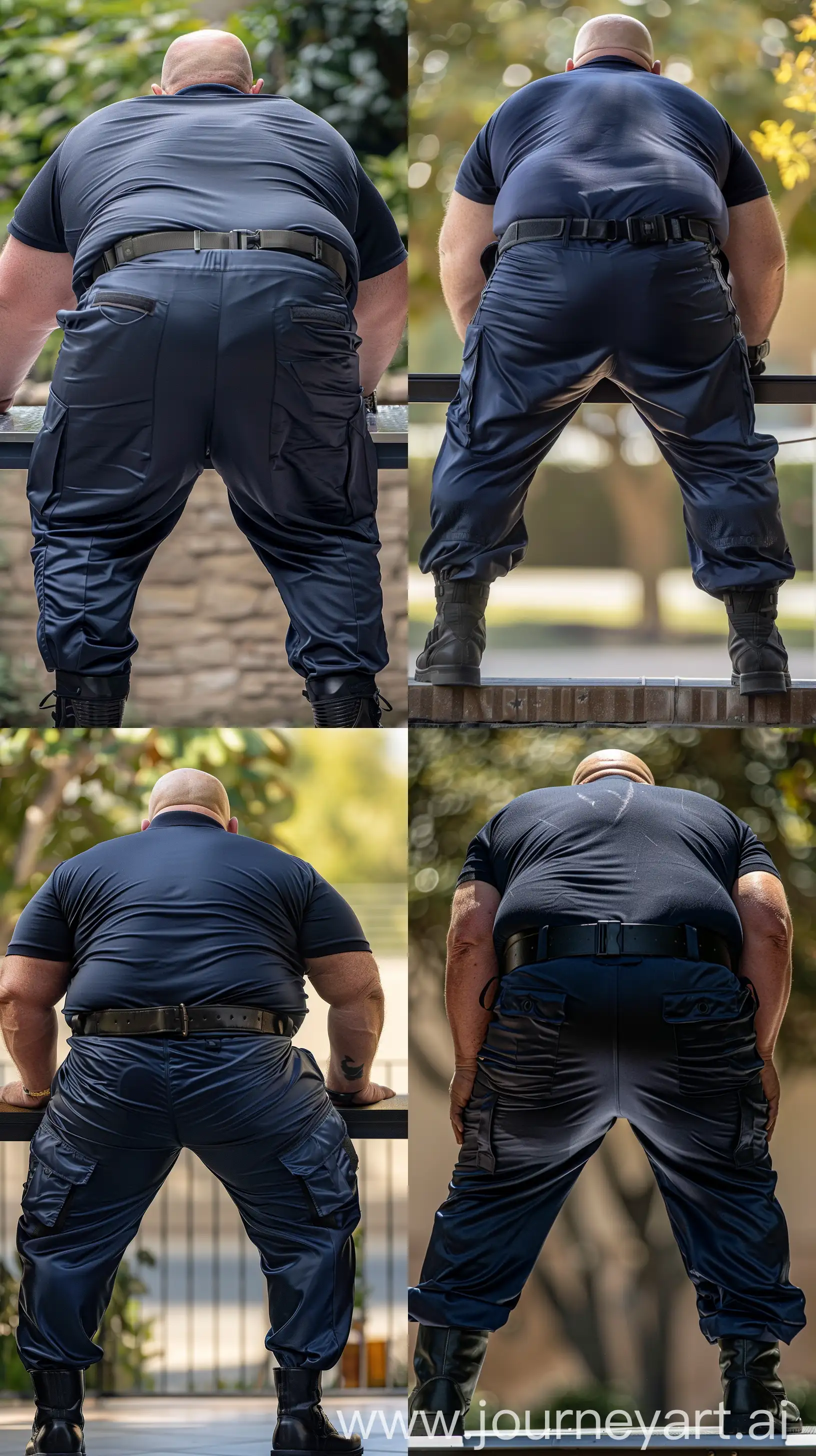 Close-up full body back view photo of a very fat man aged 60 wearing silk navy tight stretched battle pants tucked in black tactical boots. Tucked in silk navy sport polo shirt. Black tactical belt. Standing and leaning with his hands placed on a very high table. Outside. Bald. Clean Shaven. Natural light. --ar 9:16