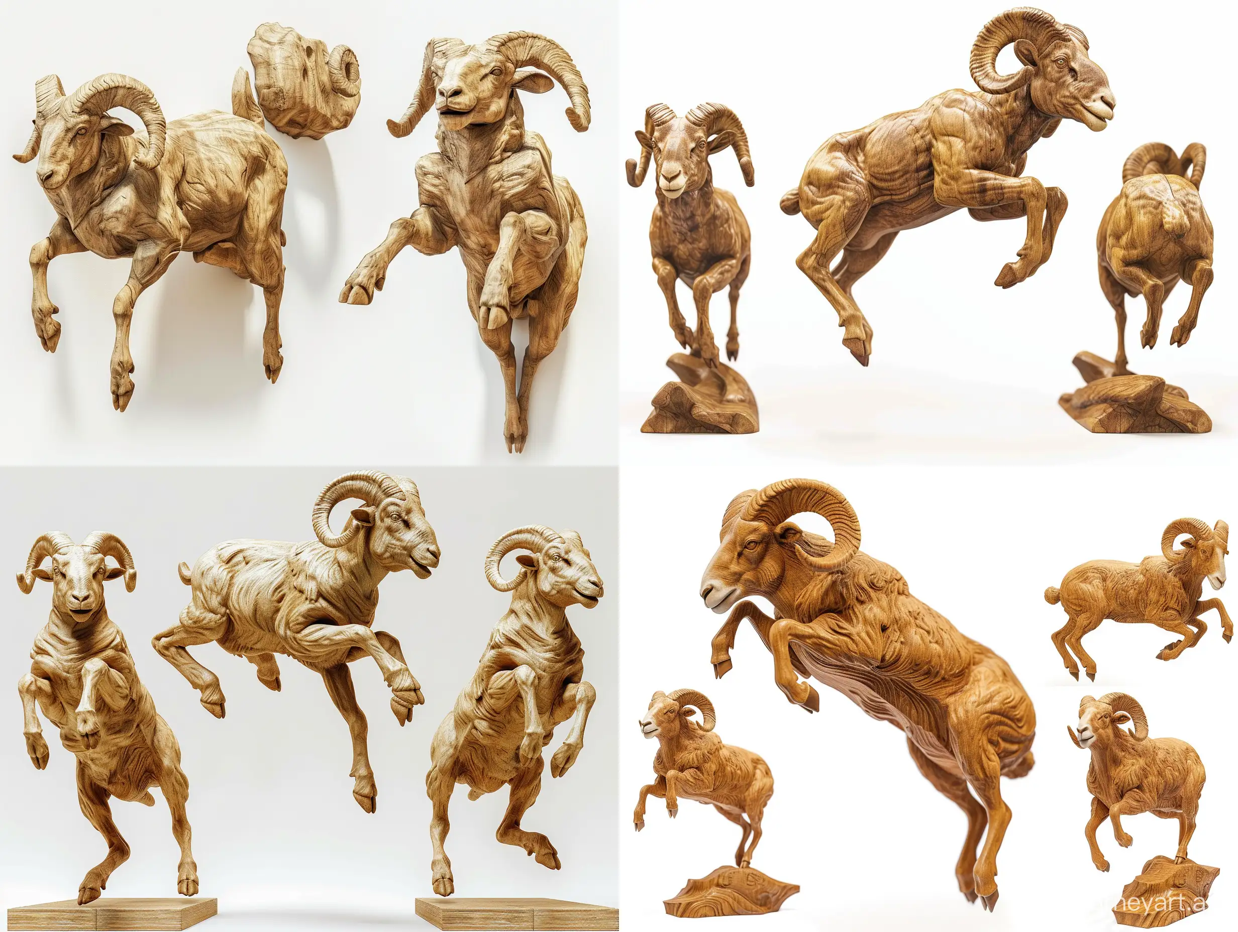 Professional sketch for wooden sculpture, a full-length ram jumping full-face and in profile, professional dynamic character, front back view and side view, wood carving, white background, 8k Render, ultra realistic