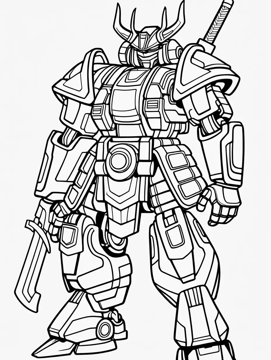 Create a mech samurai cartoon black and white coloring page for kids with thick lines, no shading, low detail.