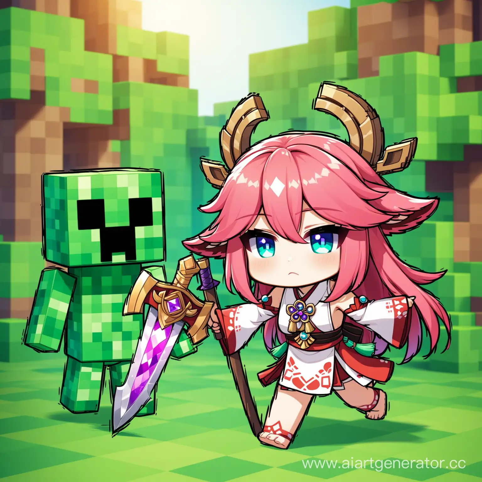 Yae Miko from Genshin Impact, creeper from Minecraft, Minecraft, diamond pickaxe from Minecraft