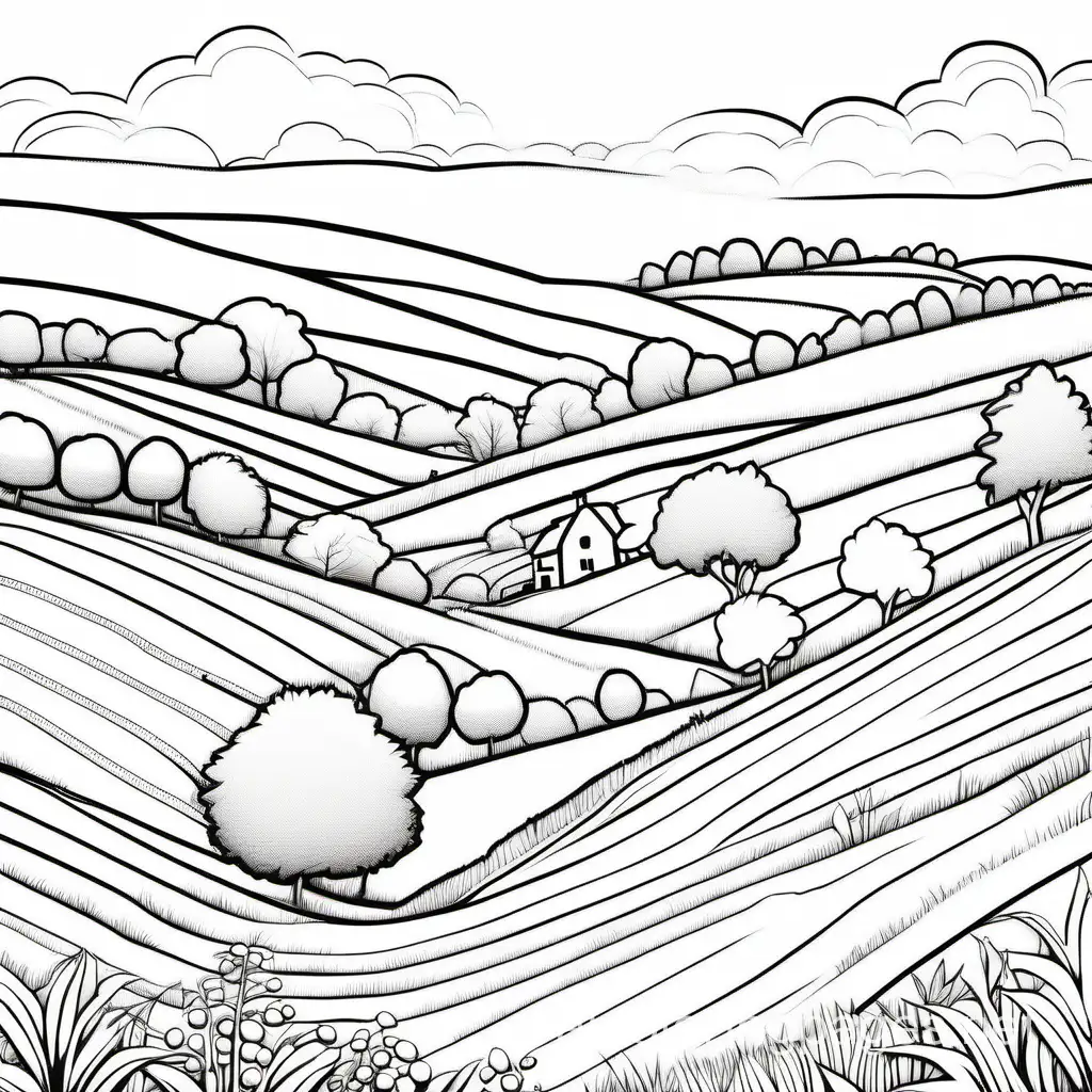 A picturesque countryside with rolling hills, Coloring Page, black and white, line art, white background, Simplicity, Ample White Space. The background of the coloring page is plain white to make it easy for young children to color within the lines. The outlines of all the subjects are easy to distinguish, making it simple for kids to color without too much difficulty