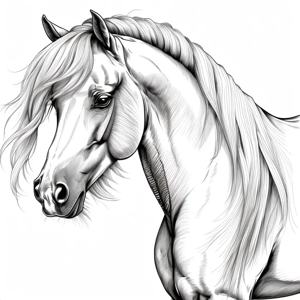 Graceful White Pony with Abundant Mane Monochrome Art