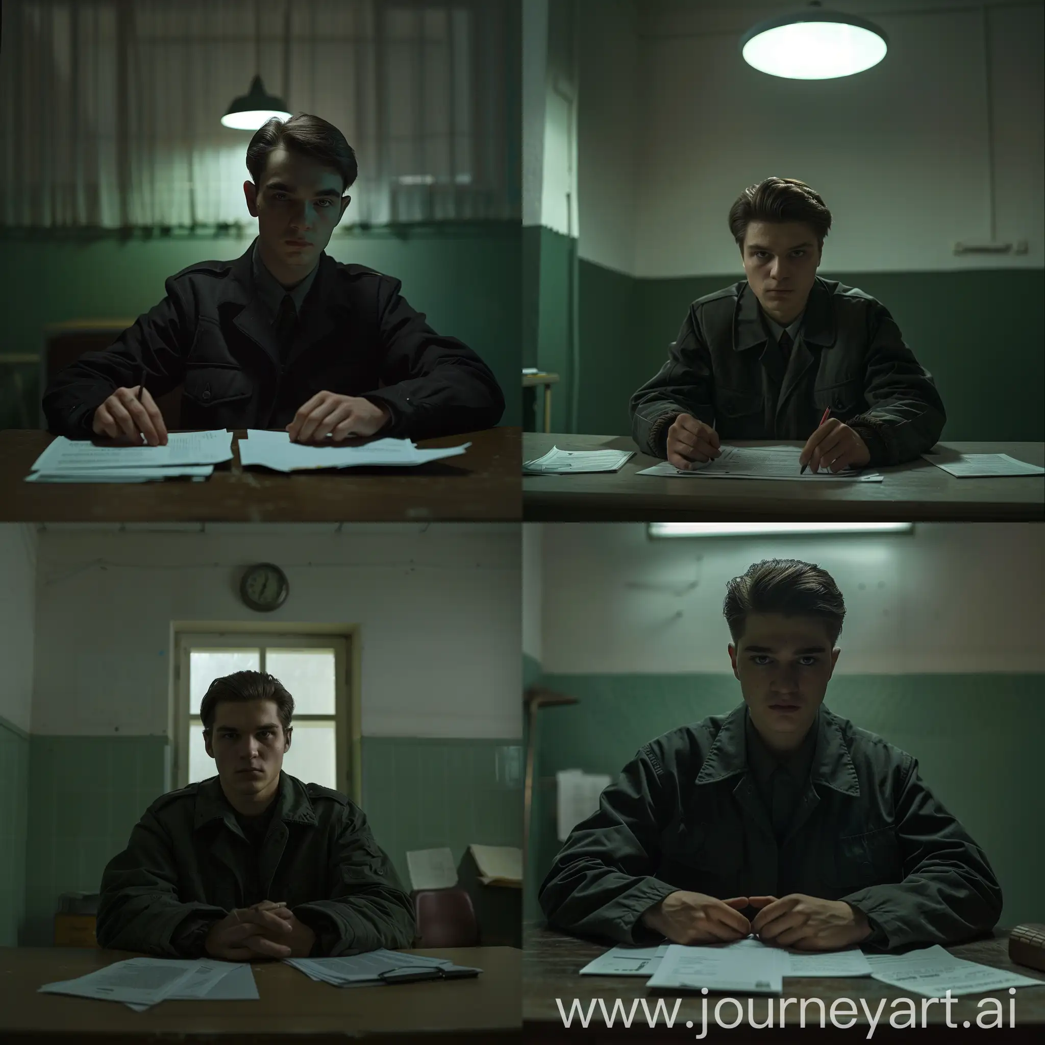 Soviet-Office-Interior-with-Serious-Young-Man-at-Desk