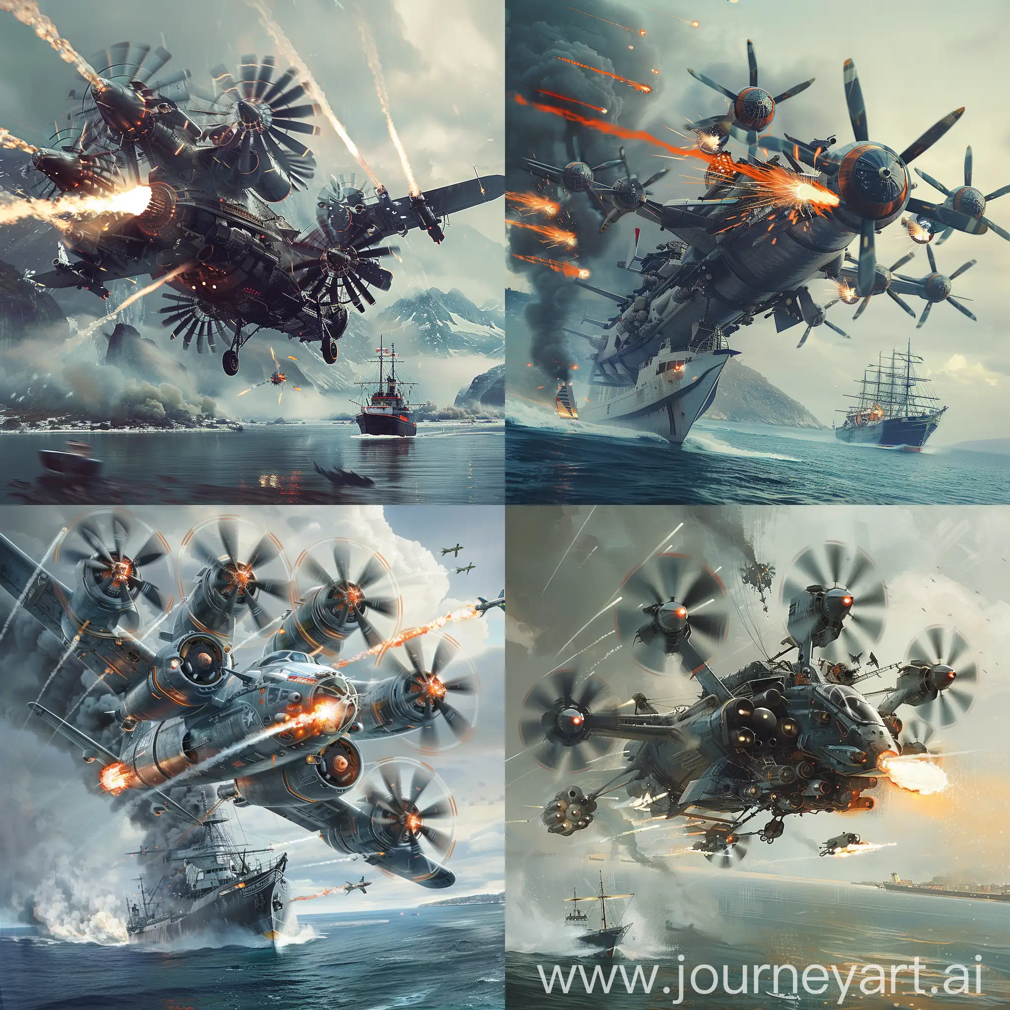 retro-futuristic fighter plane with many propellers is shooting a ship on the water

