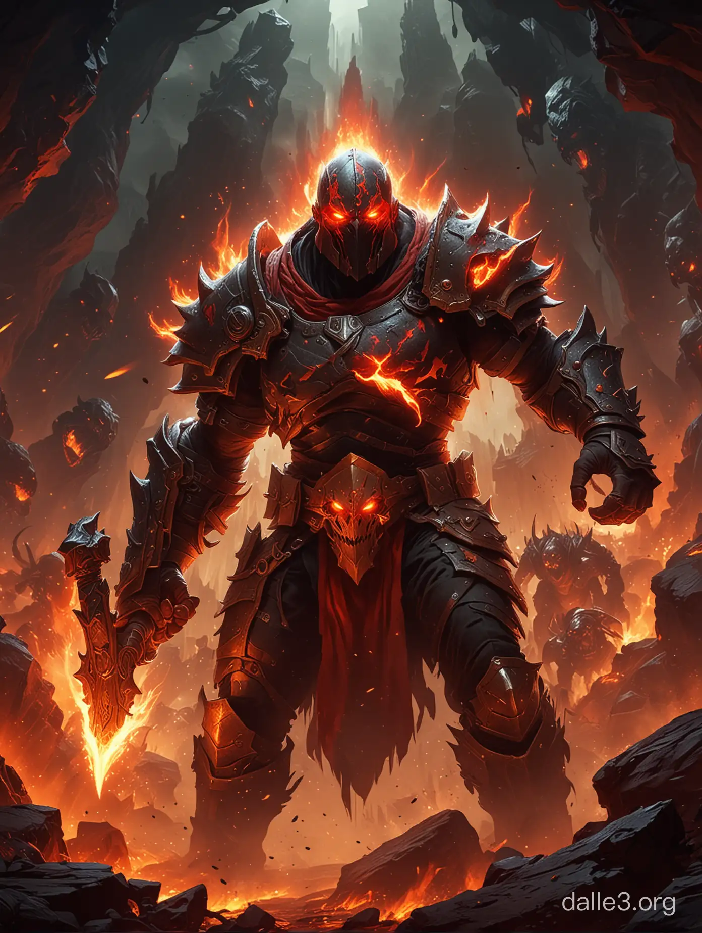 Fiery antihero, embodiment of rage, inspired by the god of war Mars from DOTA 2, fierce warrior battling creatures, towering on high ground, glowing eyes radiating fury, shield and spear as weapons, intense anger depicted, lava arena background resembling Mars, digital illustration, dynamic and powerful stance, intricate details, red, black, and gold color palette, dramatic lighting enhancing the wrathful ambiance.Screaming in rage or pain, fighting with red creatures looking like creeps from Dota 2, Rage Face, Glowing eyes, god looking,knight armor, screaming in rage,Face of anger and pain