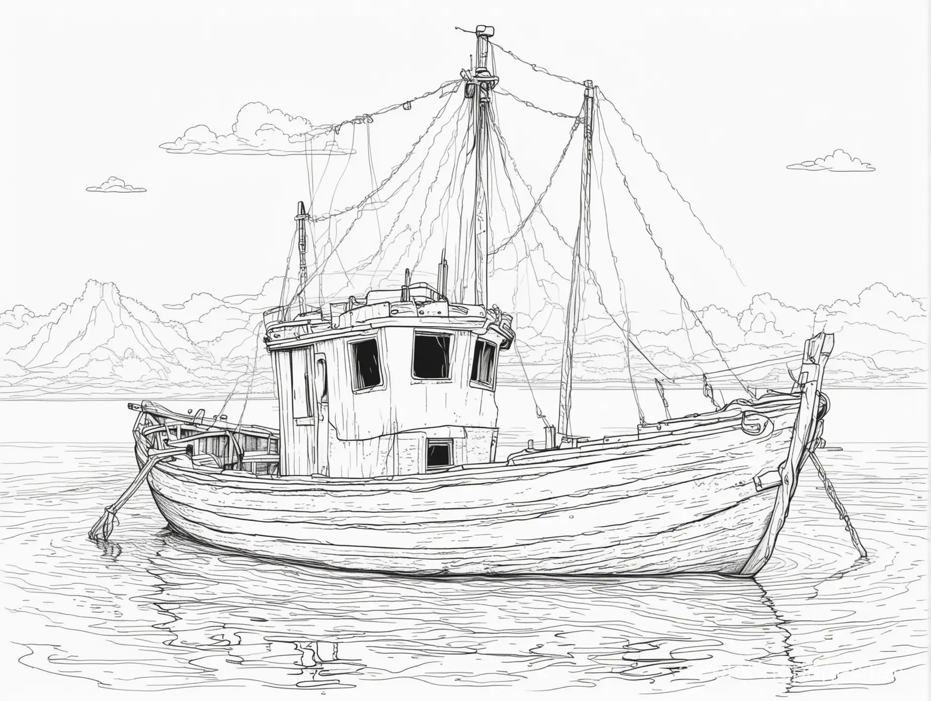 Rickety Boat, Coloring Page, black and white, line art, white background, Simplicity, Ample White Space. The background of the coloring page is plain white to make it easy for young children to color within the lines. The outlines of all the subjects are easy to distinguish, making it simple for kids to color without too much difficulty