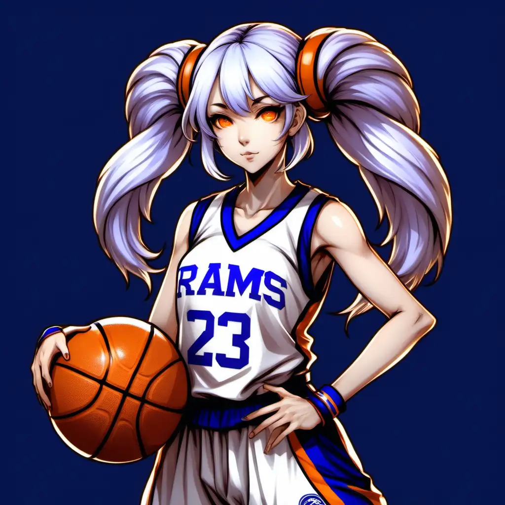 Anime Fantasy Style Young Woman Rams Playing Basketball in Royal Blue White and Orange 23 Basketball Uniform