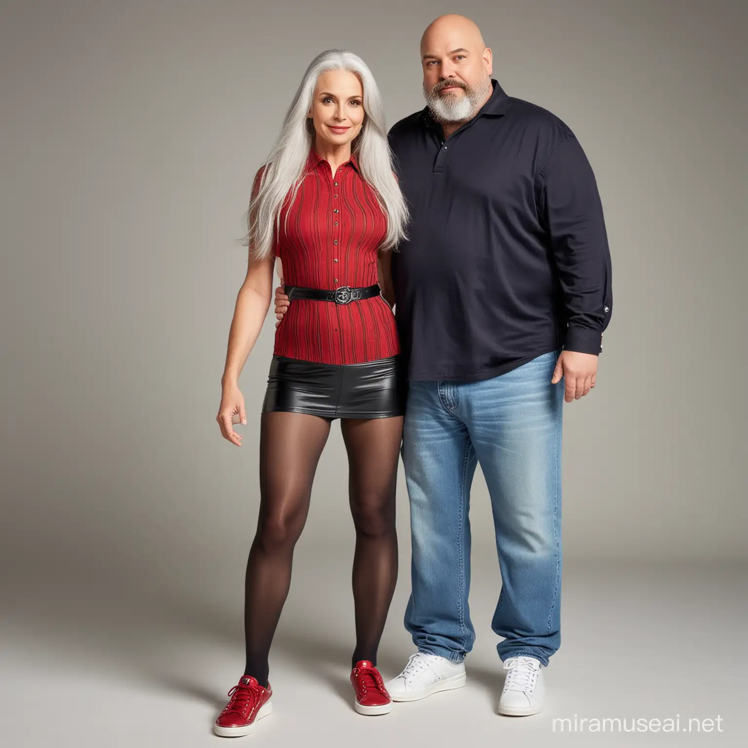 55 year old lady wearing black nylon tights pantyhose and red mini dress, long silver hair, white ked sneakers, holding hands with fat man, bald, man with goatee, wearing long jeans and button down shirt