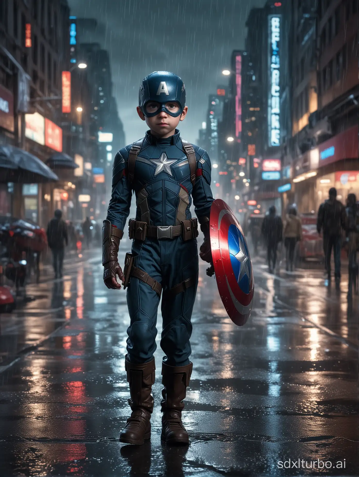 科幻、一个儿童美国队长打扮，站在湿漉的马路上，能看到五官，背景是赛博风格的城市夜景、偏暗，