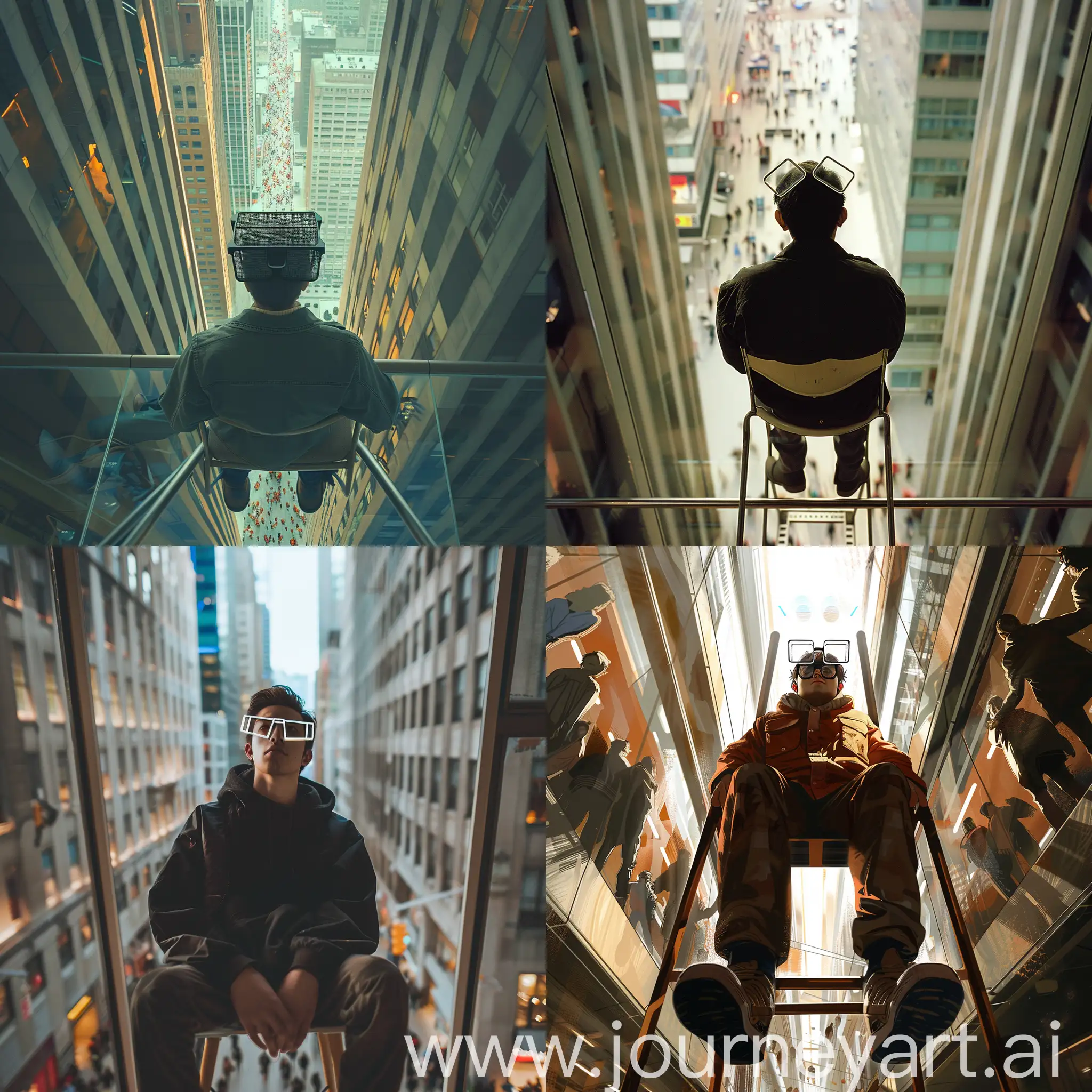 guy with square glasses sitting on a chair in a tall building and looking at people from below