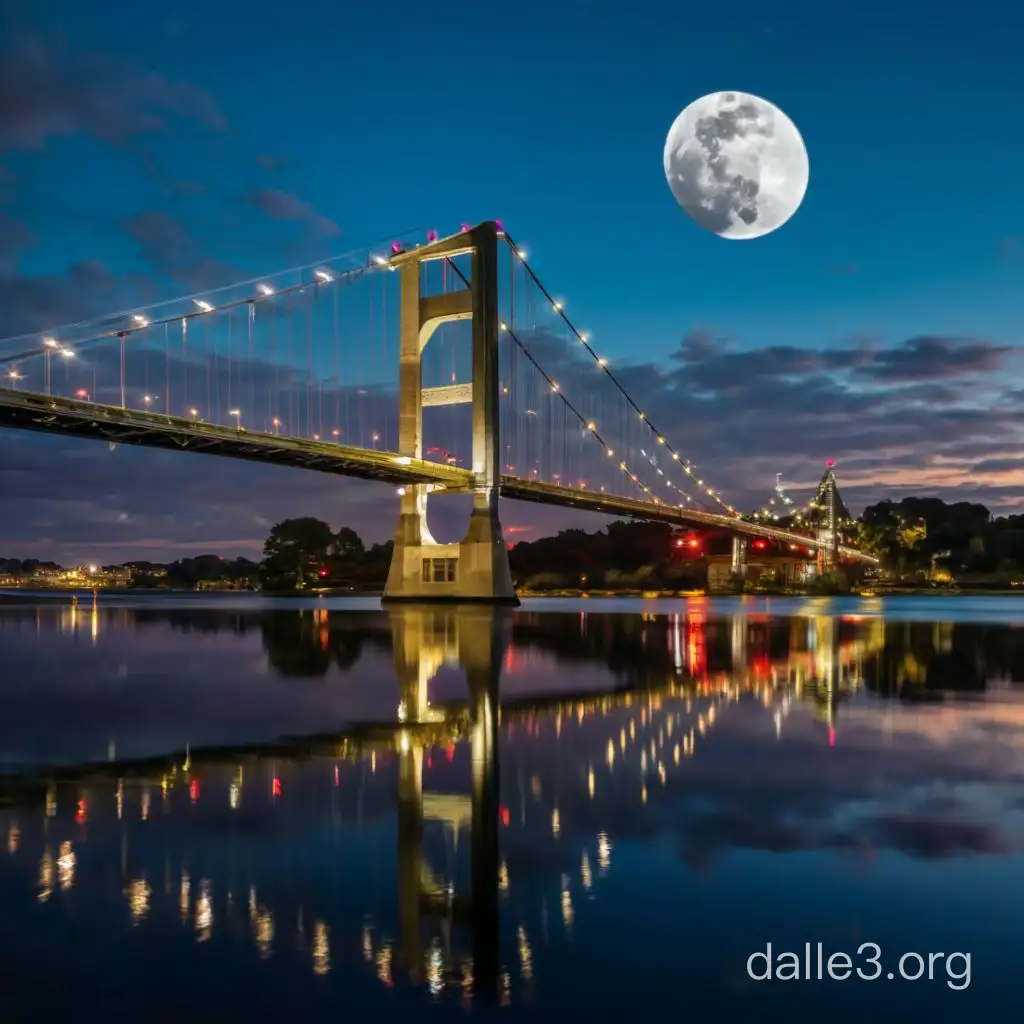 create bridge, with river, with lights, in dark setting, with moon in background, night scene, moody, water reflection