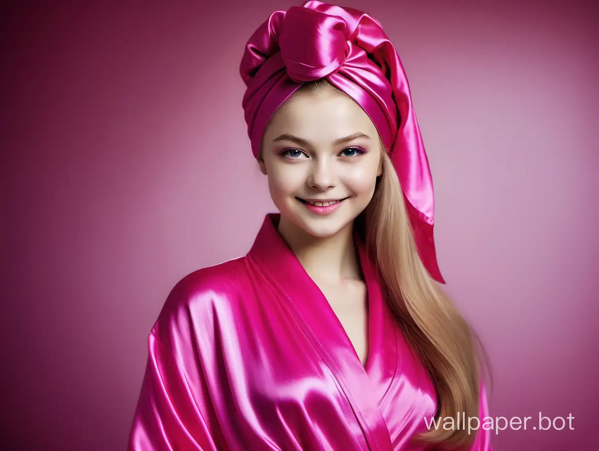 Gentle, sweet, sexy, young Yulia Lipnitskaya with long straight silky hair gently smiles in glamour, luxurious pink sweet fuchsia Silk Robe and pink sweet fuchsia silk Towel Turban
