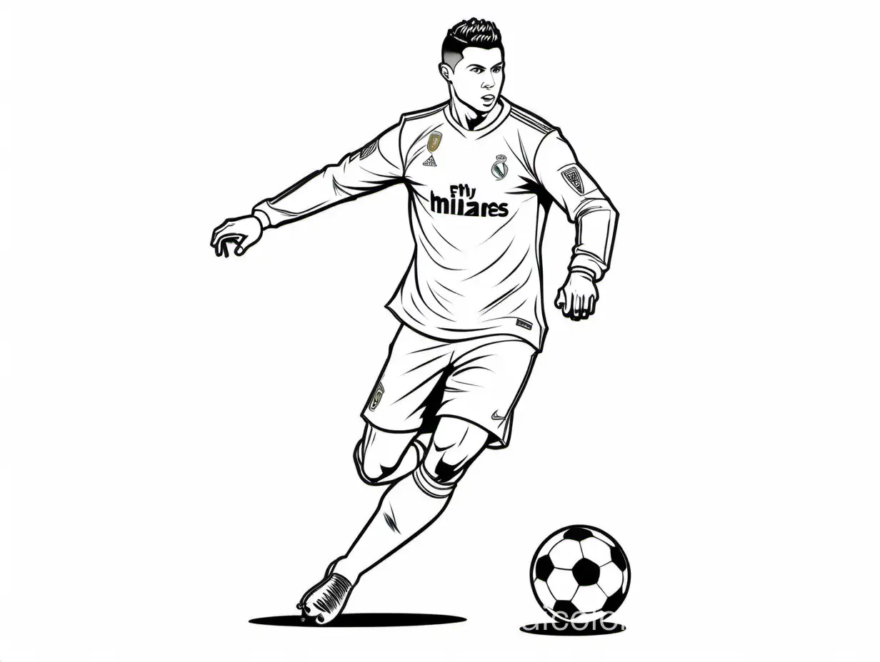 Ronaldo soccer player kicking a penalty, Coloring Page, black and white, line art, white background, Simplicity, Ample White Space. The background of the coloring page is plain white to make it easy for young children to color within the lines. The outlines of all the subjects are easy to distinguish, making it simple for kids to color without too much difficulty