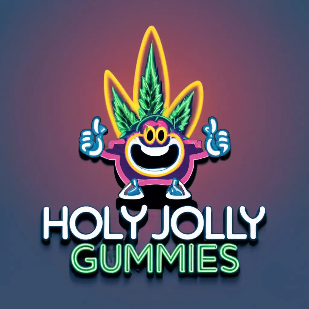 logo, a NEON MARIJUANA LEAF provided in high definition, With the Text "HOLY JOLLY GUMMIES INC.", typography WRITTEN CLEARLY, EVERYTHING SHOULD BE VERY CLEAR. , with the text "HOLY JOLLY", 