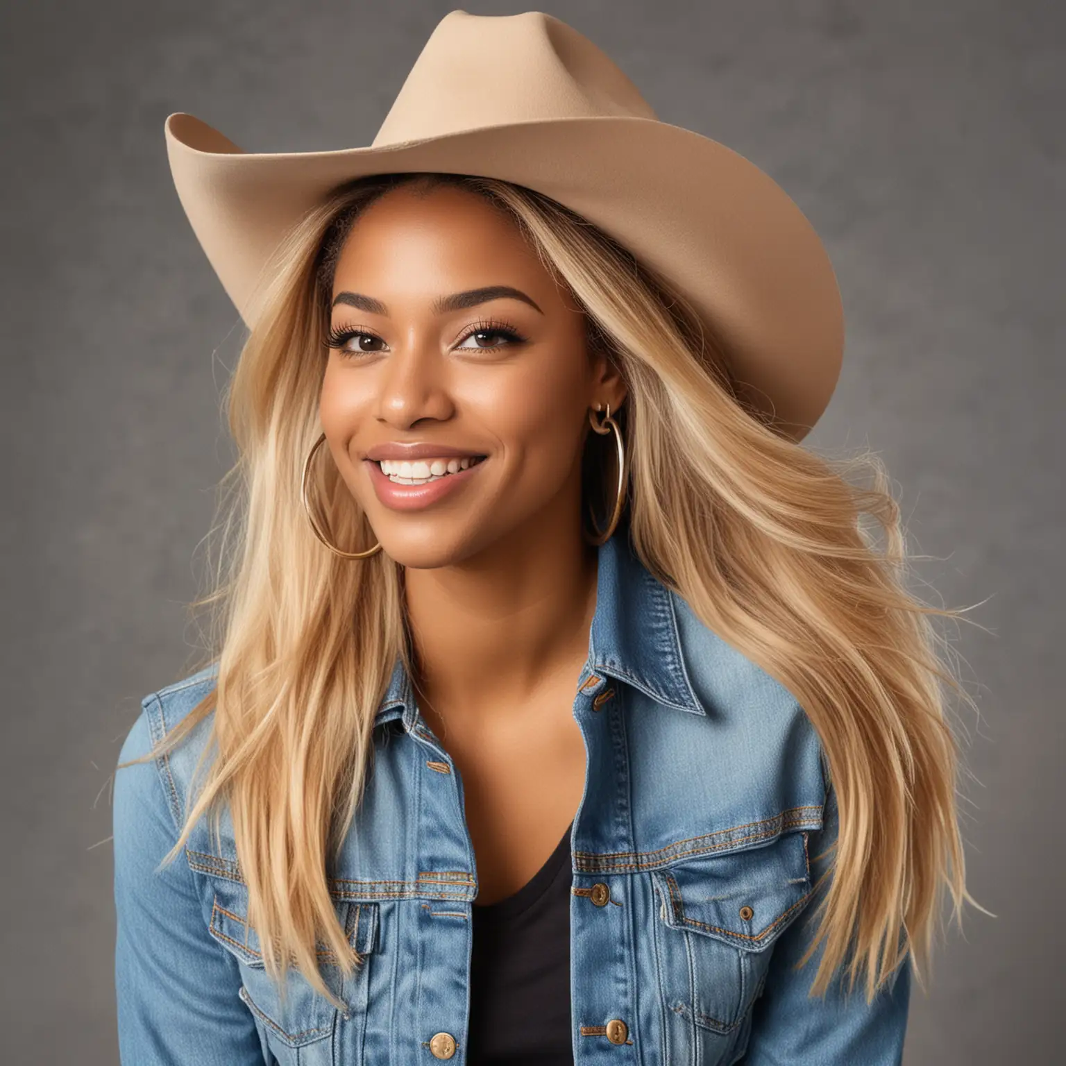 African American woman with long blonde hair, brown cowboy hat, long eyelashes, black eye liner, blush on her cheeks, large hoop earrings, t-shirt with a horse on it, blue jeans, jean jacket, cowboy boots, smiling., standing up,