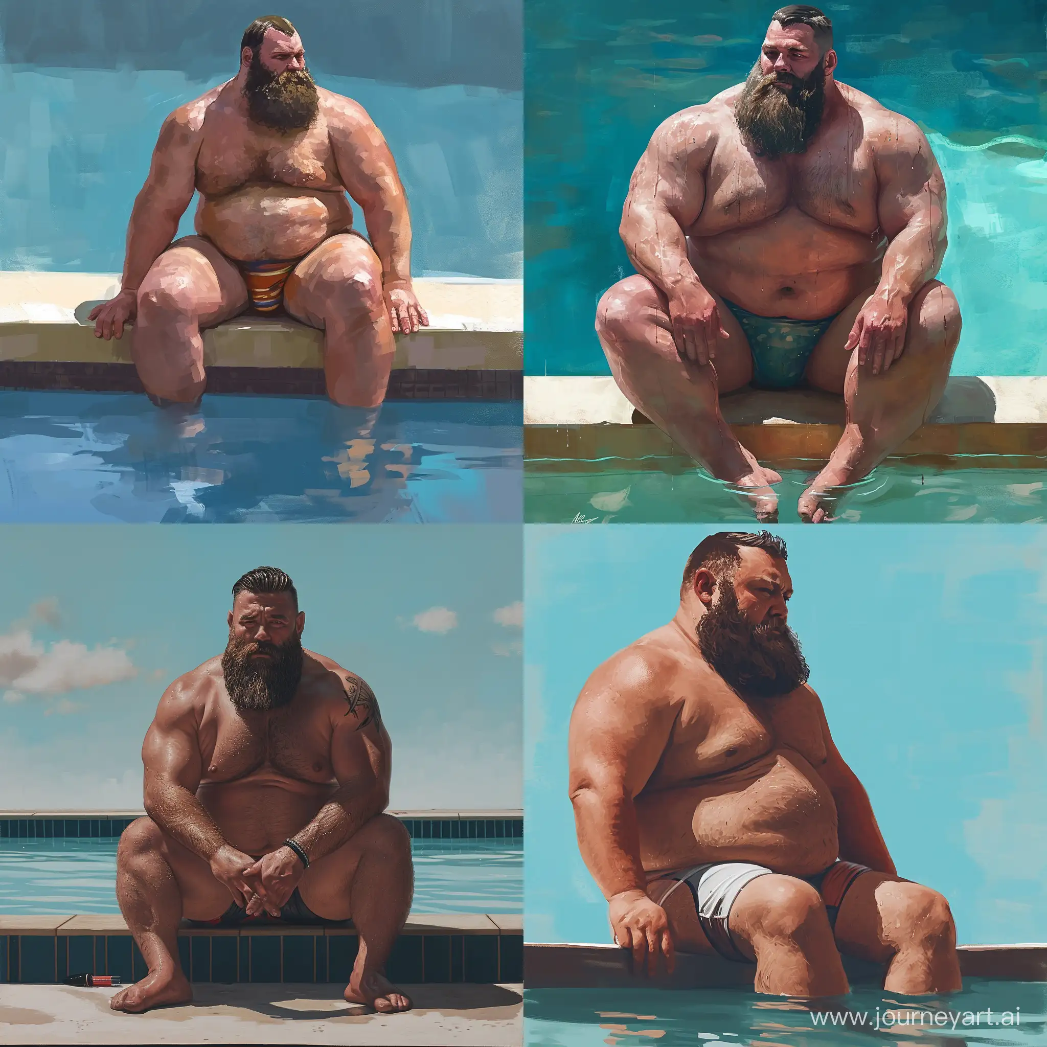 overweight and heavyset 30-year-old bearded pro wrestler, wearing tiny swim trunks, sitting on the edge of the pool, clear detailed face, liw angle view