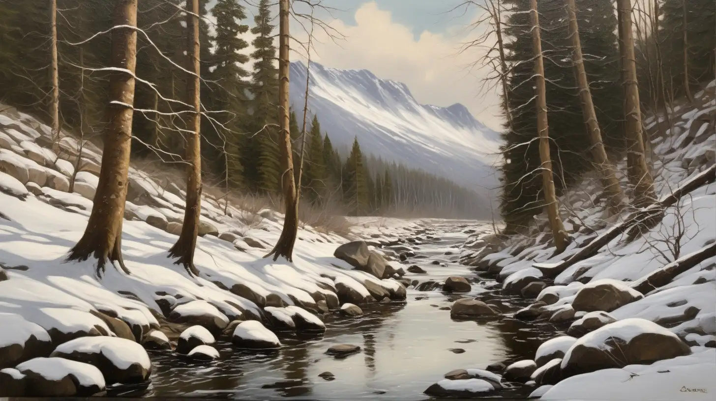 oil painting of a forest scene with a rocky creek with snow on the trees