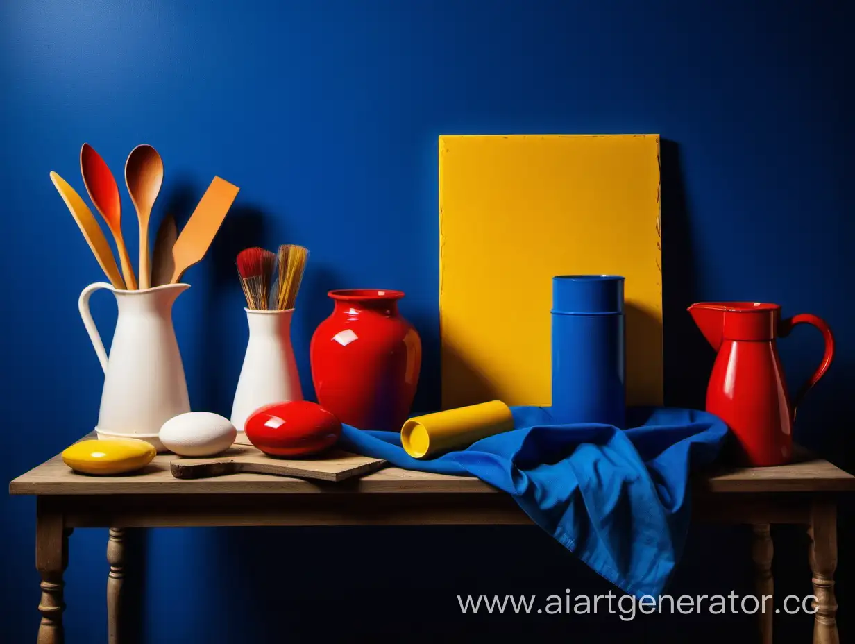 декоративный натюрморт с бытовыми предметами и полотном в синем красном и жёлтом цвете