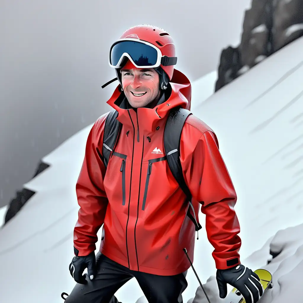 A ski instructor wearing a red jacket, on top of a mountain, actively raining, add dark spots to the jacket so it looks wet, make the jacket look less plastic, add more rain dripping off the jacket