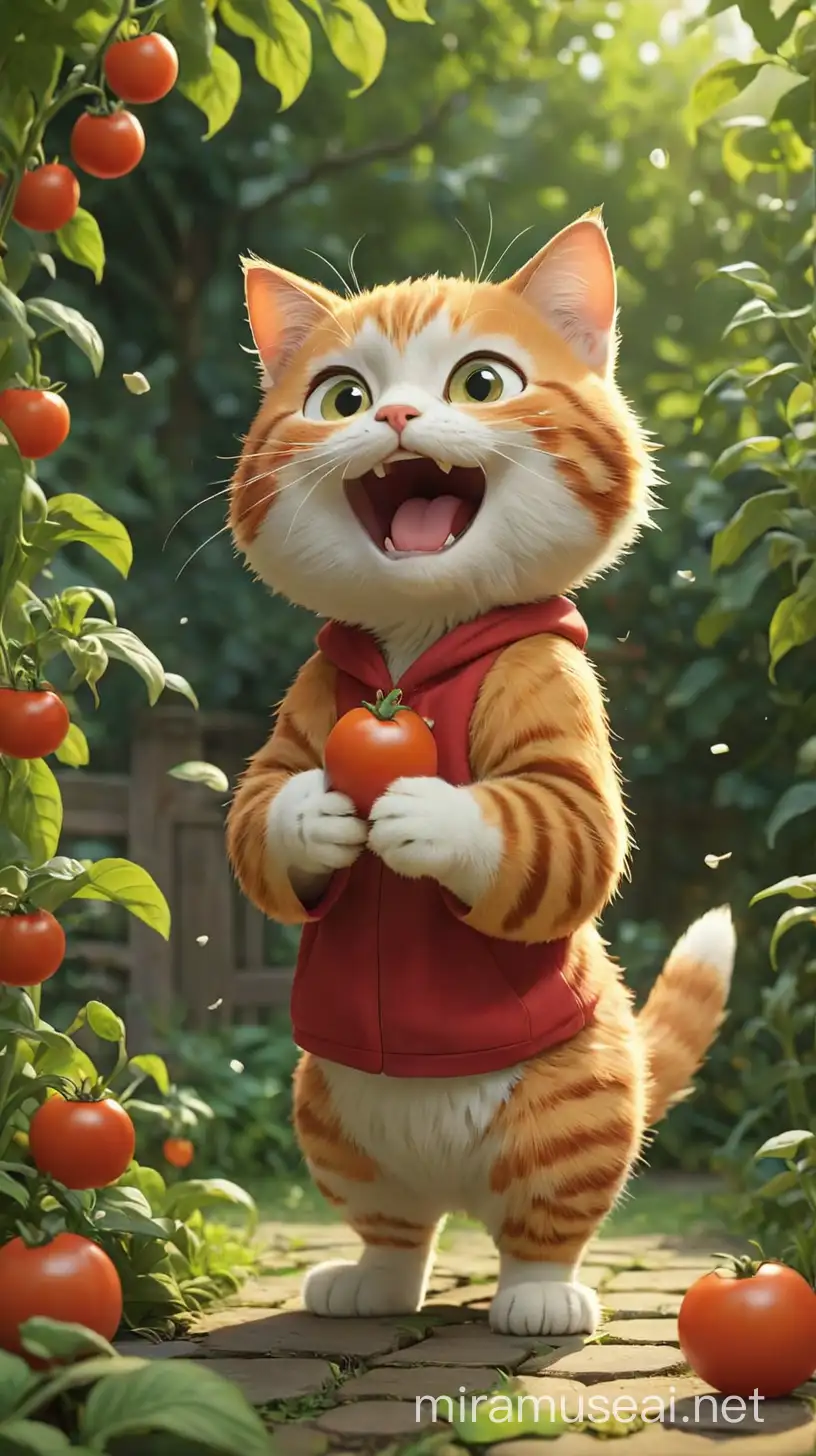 场景：一个可爱的动漫世界里，有一只调皮的小猫咪叫做小橘子，它喜欢捣蛋和唱歌。
开场：镜头从一个美丽的花园开始，小橘子蹦蹦跳跳地出现在镜头前，它拿着一支玩具麦克风。第一段歌谣：小橘子开始唱起一首欢快的儿童歌曲，歌词充满了调皮的元素，比如“捉迷藏，躲猫猫，捣蛋小橘子最厉害”。
 捣蛋场景：镜头切换到小橘子在花园里捣蛋的画面，它偷偷摘下了一颗大西红柿，准备抛向一只正在打盹的小鸟。
意外发生：小橘子抛出西红柿时不慎滑倒，结果西红柿砸在了自己的头上，整个画面变成了搞笑的场景。
解决方案：小橘子摇摇晃晃地爬起来，然后开始唱起另一段歌谣，内容是关于如何正确摘西红柿和小鸟友好相处的。
结尾：镜头慢慢拉远，展现出整个花园的壮丽景象，小橘子和小鸟一起在花园里跳舞，画面温馨而欢乐。这样一个场景可以通过动画形式呈现，通过生动有趣的画面和欢快的歌曲吸引孩子们的注意力，带给他们愉快的观赏体验。