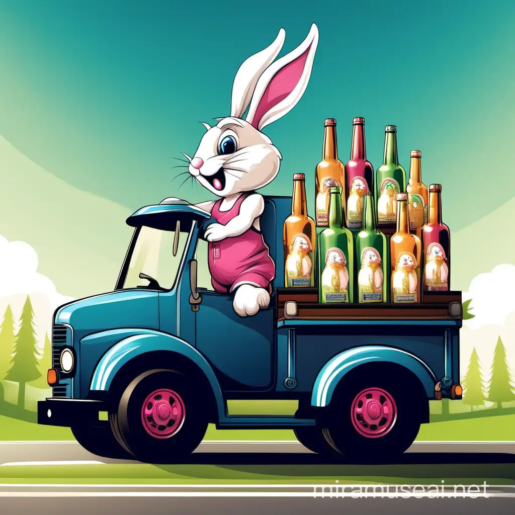 easter bunny on a truck delivering alcohol bottles