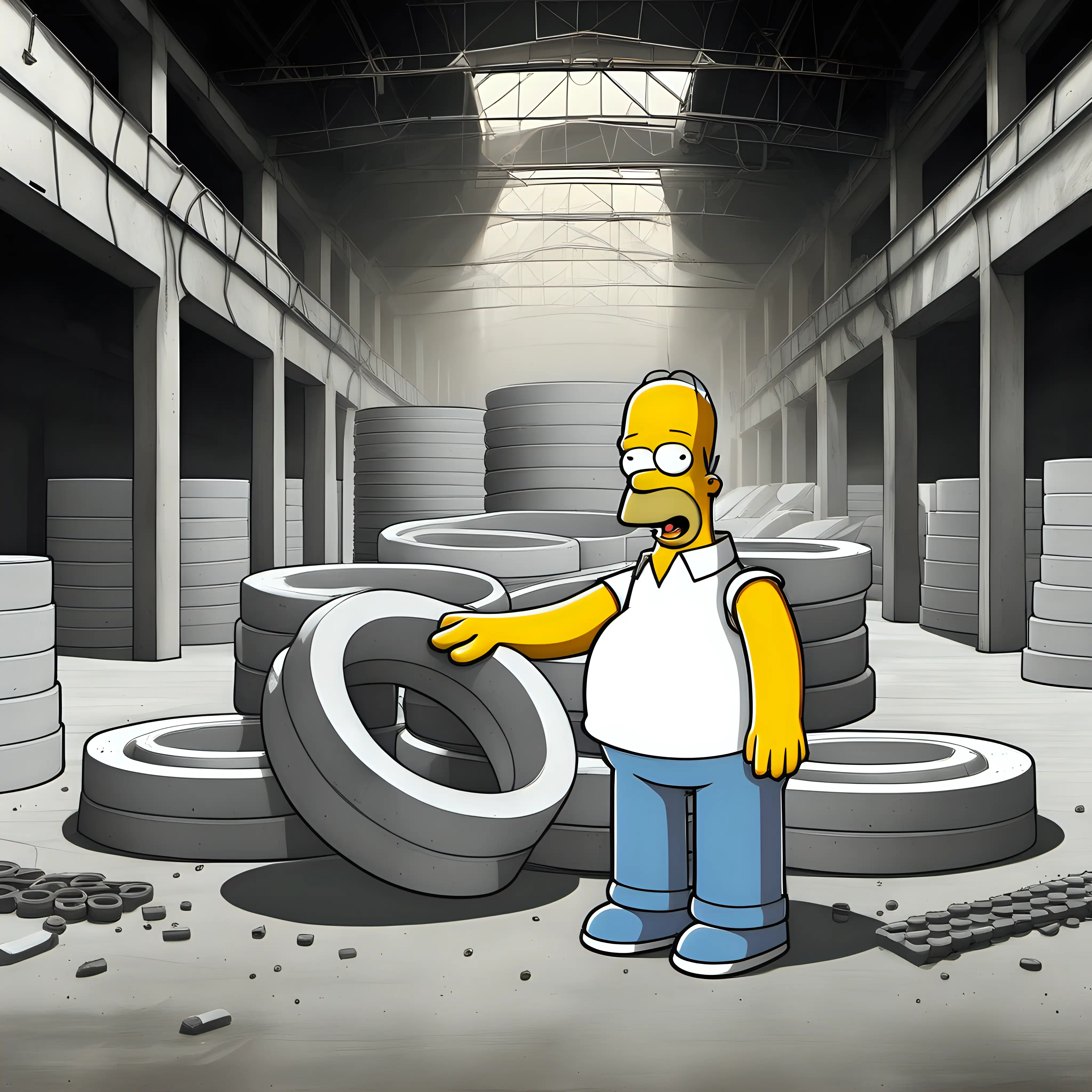 Homer Simpson at Work Constructing Large Concrete Rings in a Factory