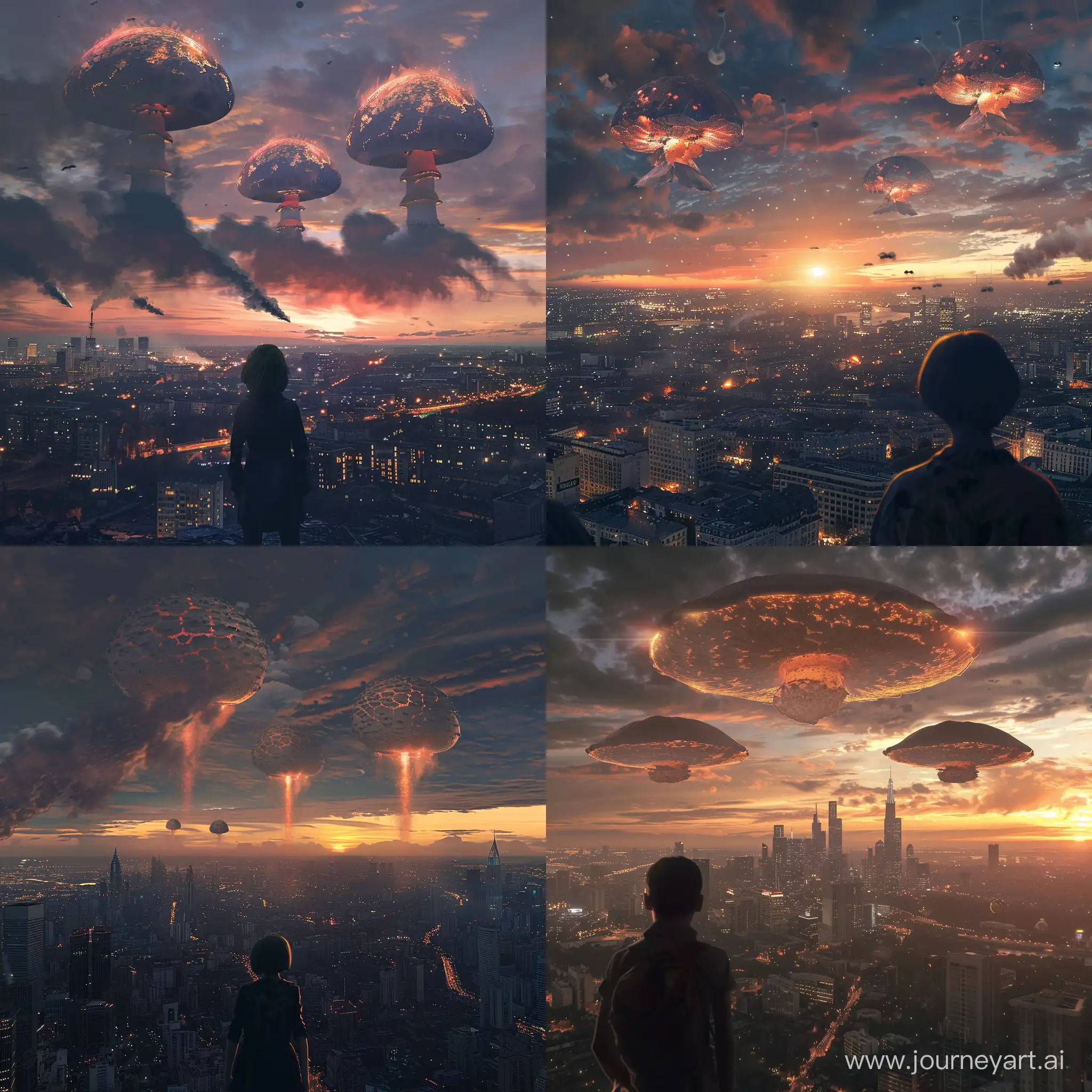 Человек удивленно смотрит на 3 ядерных гриба над большим мегаполисом,вечер, закат