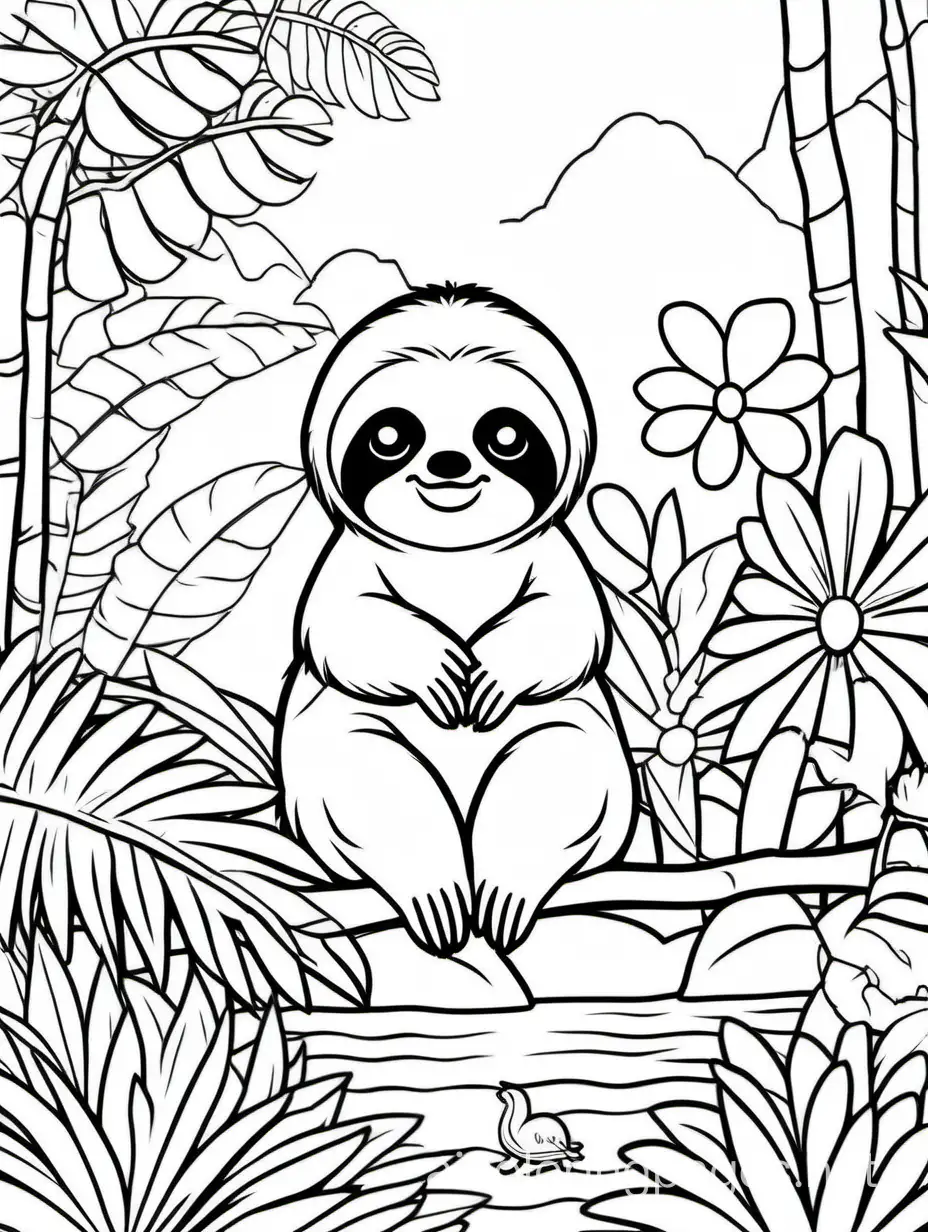 Baby Sloth in a jungle, river, flowers, Coloring Page, black and white, line art, white background, Simplicity, Ample White Space. The background of the coloring page is plain white to make it easy for young children to color within the lines. The outlines of all the subjects are easy to distinguish, making it simple for kids to color without too much difficulty