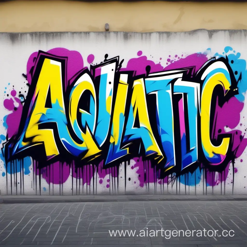 надпись aquatic в виде граффити, цвета желтый, голубой, розовый, фиолетовый, черный, белый