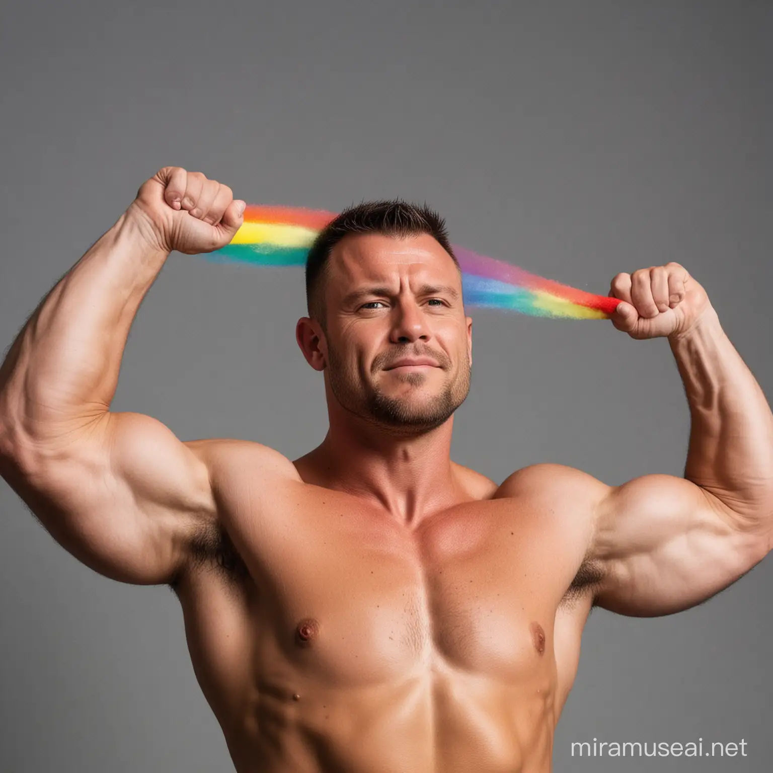 Close Up Side Shot Topless 30s Ultra Muscular World's Strongest Man doing excises Holding Big Bright Rainbow Heavy Weights and Flexing his left arm