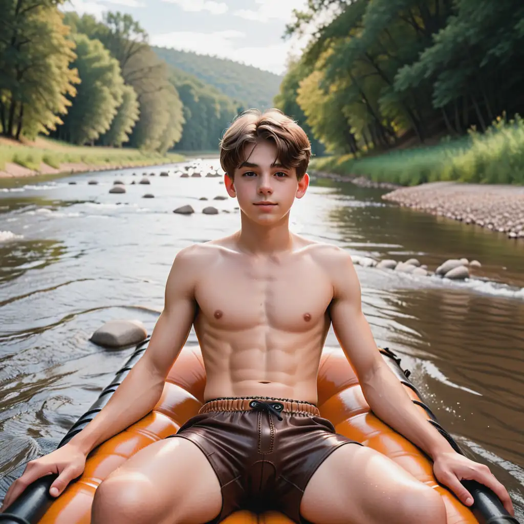 teen boy relaxing on a raft going down a river wearing leather underwear