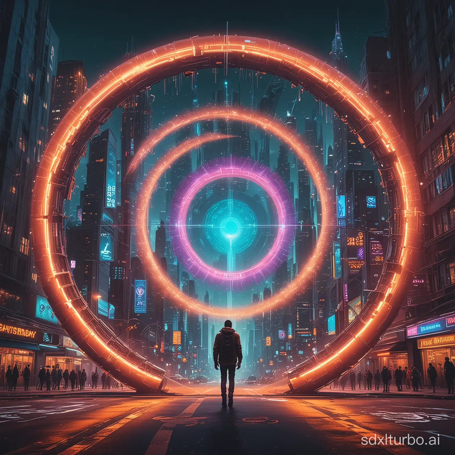 Stunning surreal, optical illusion hyperreal image of a complex glowing giant circular portal made of colored lights built into a cyberpunk style city and streets with skyscrapers and flying cars scattered throughout, Gateway to the futuristic city, a silhouette of a medieval man walking inside, super colorful, super detailed, intricate