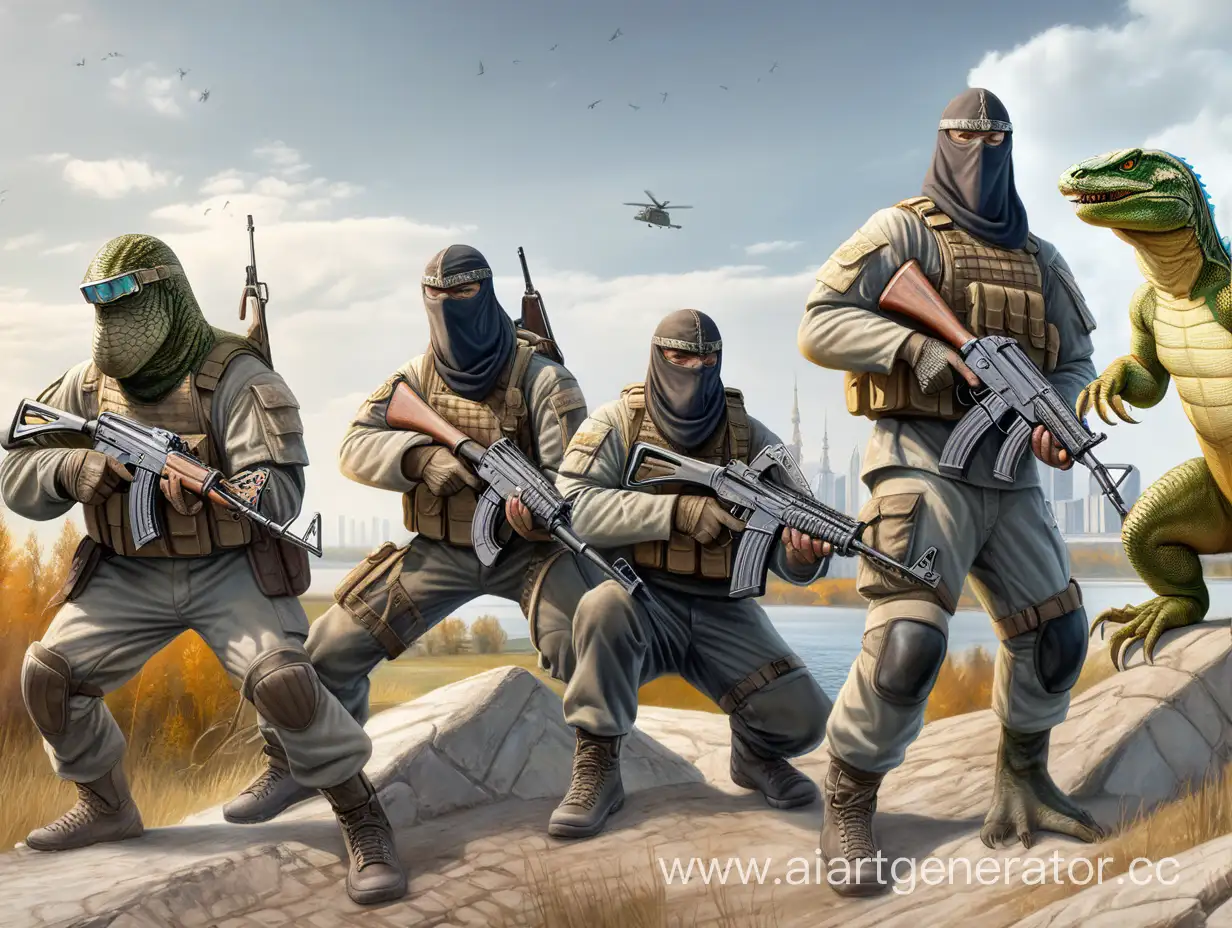 4 Slavs in light armor with AK-47 protect the Volga from armored lizards against the backdrop of a location from counter strike