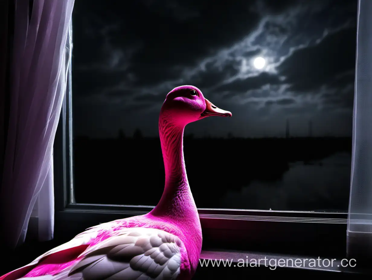 Pink-Goose-Gazing-Out-of-Window-into-Darkness