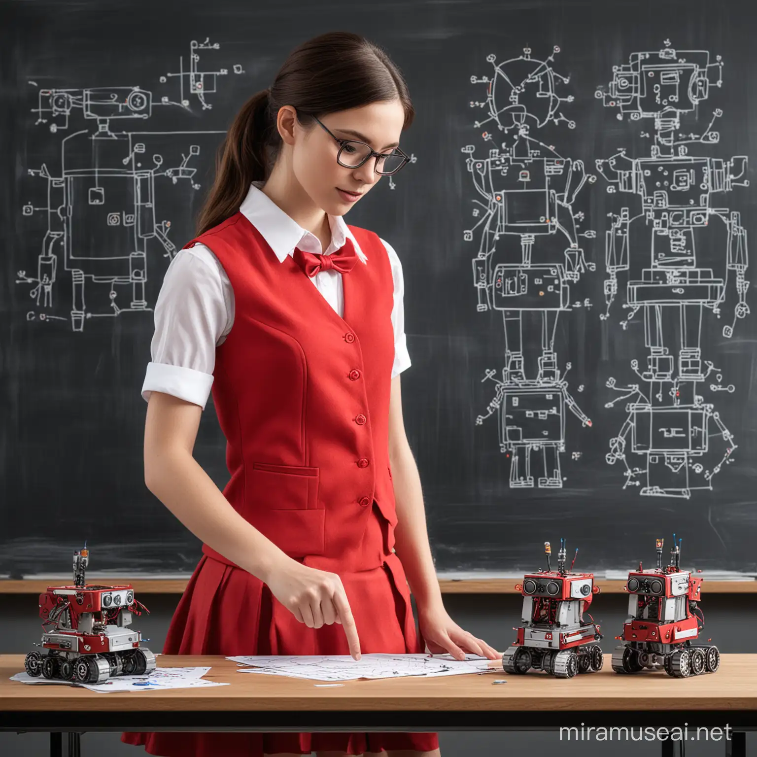 crear una imagen de publicidad que se vean solo señoritas vestidas de falda roja chaleco rojo y camisa blanca, en una mesa colocar proyectos de electronica y en el pizarron el dibujo de un robot desarmado
