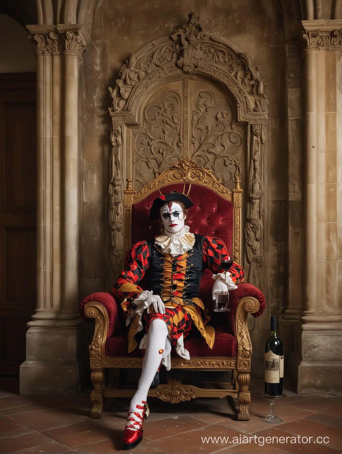 Harlequin-Resting-on-Throne-with-Wine-in-Opulent-Hall