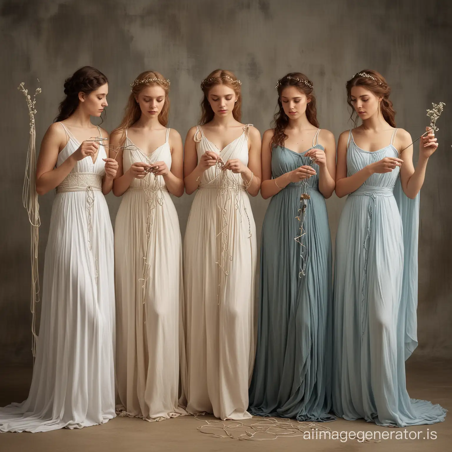 Greek mythology Fates 3 beautiful women standing up wearing dresses holding thread of life together
Woman left weave the thread
Woman right twist thread
woman above cuts thread scissors