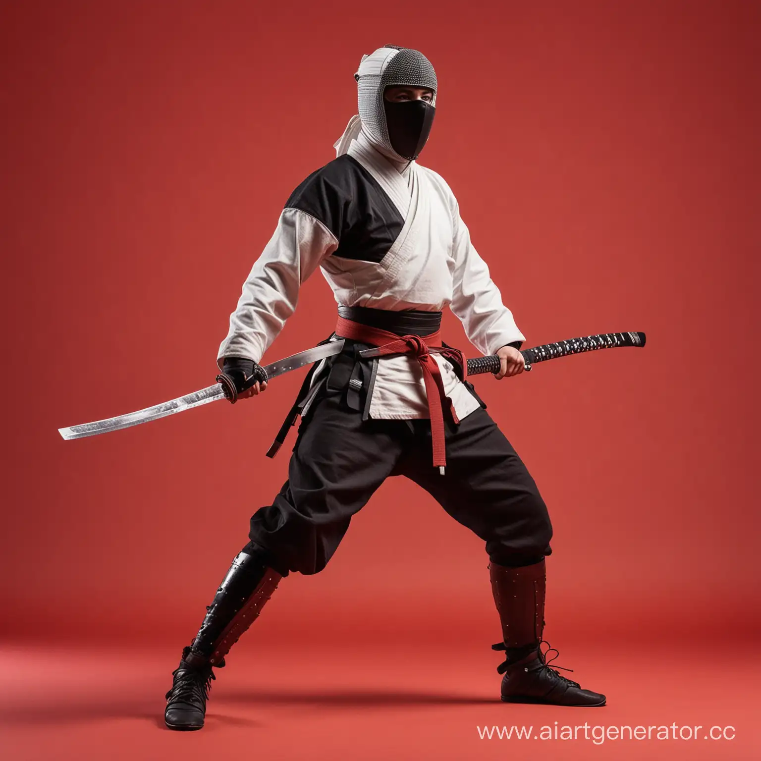 Katana-Warrior-in-Fencing-Mask-on-Red-Background