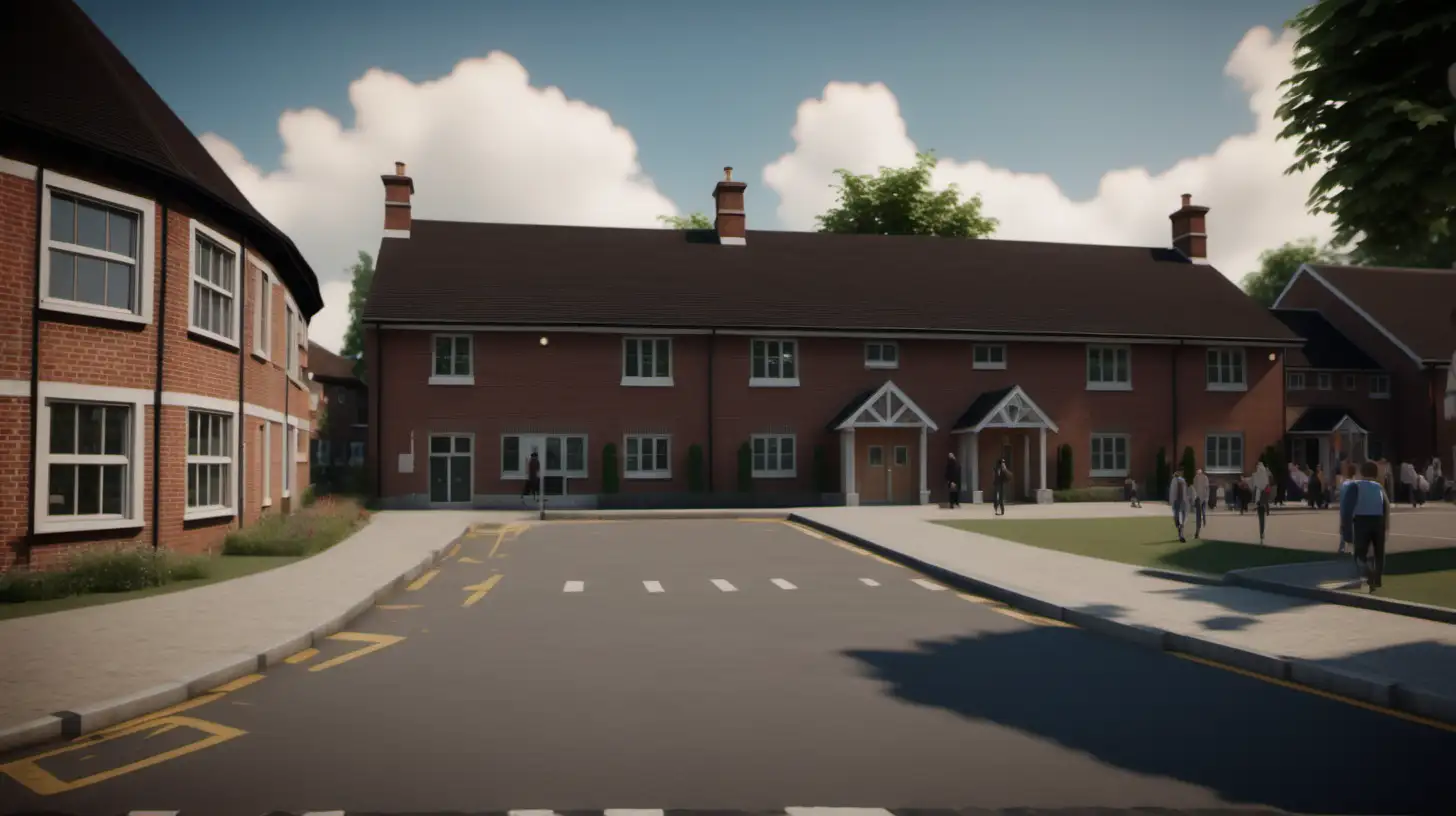 Ultra Realistic Modern School in Cute English Village Street Level Shot