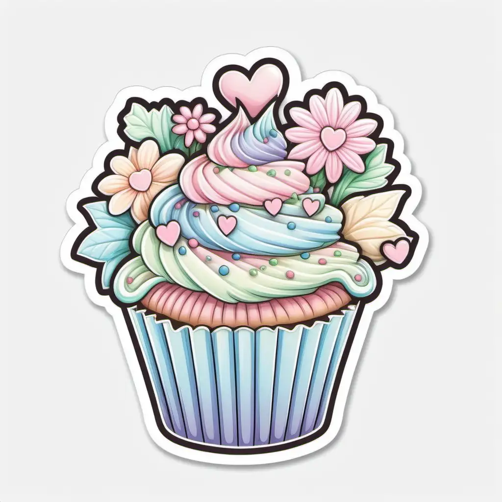 fairytale, whimsical, cartoon, frosted pastel,elaborate cupcake, delicatly decorated, intricate, flowers and hearts,
sticker white outline, white background,