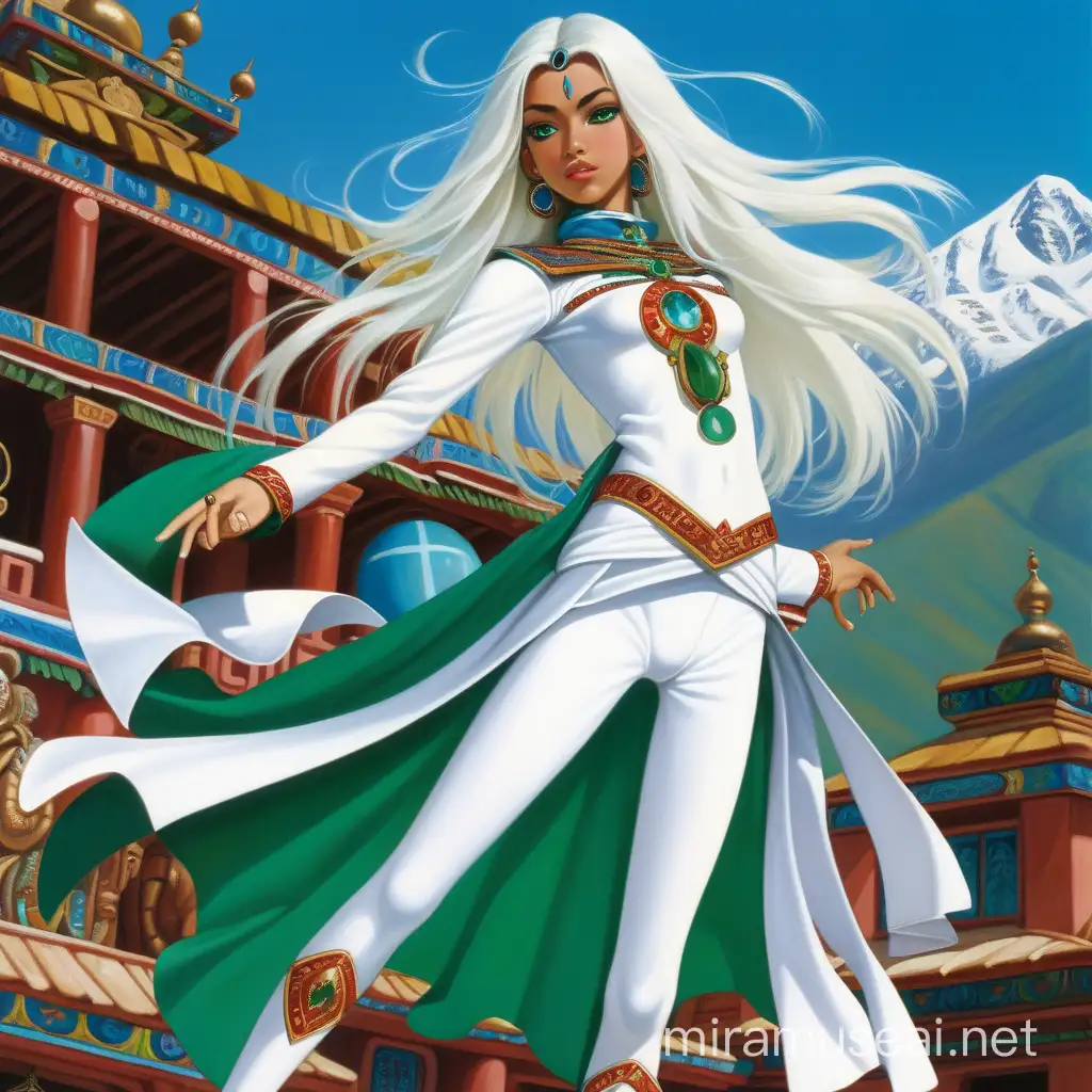 Diosa hermosa adolescente de cabellos blancos largos y ojos azules vestida de traje entallado ajustado blanco con botas y capa y una esmeralda verde colgada al cuello,flotando en el aire  y de fondo un monasterio tibetano y la diosa Kali y chicas y chicos vestidos como ella y la palabra kaliman war of the kali escrita con letras blancas 