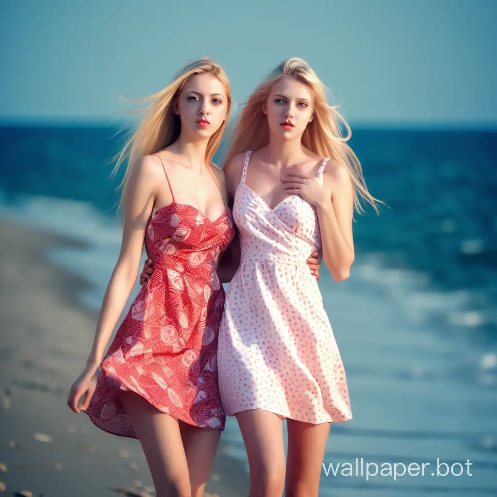 Two girls, 25 years old, European appearance, tall, slender, blondes, straight hair slightly blowing in the wind, tips of the hair are pink, dressed in a short red and white dress, dress with a pattern, dress with a neckline, one of the girls has a large bust, posing, beach without people, blue sea, light source ahead, girls embracing each other