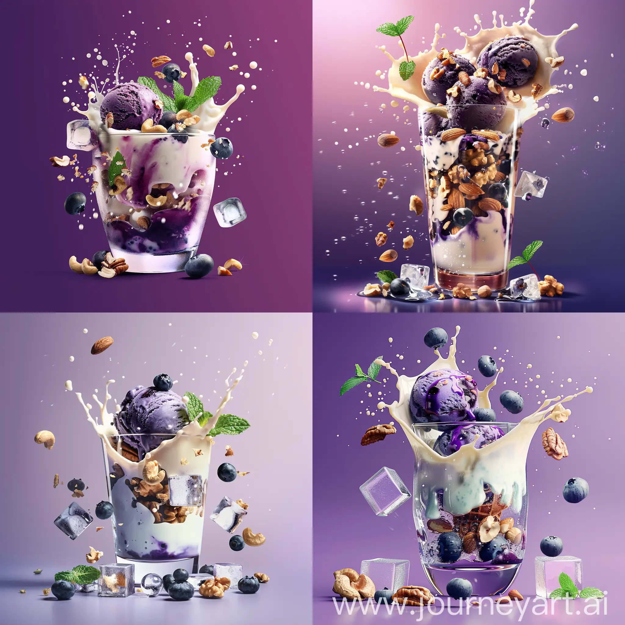 Blueberry ice cream, in a stylish modern glass, ice cubes, nuts, mint leaves, splashing milk cream, in a gradient purple background, fluid motion, dynamic movement, cinematic lighting, Mysterious