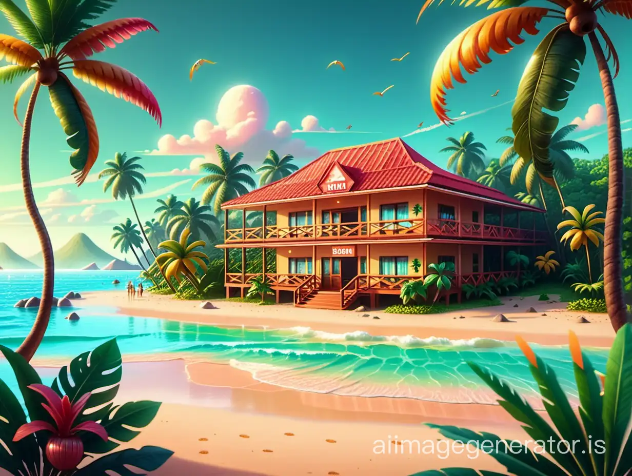 Old skool retro hotel with Jamaican islands and party vibe tropical suitable as landing page for website and jungle with beach ornaments