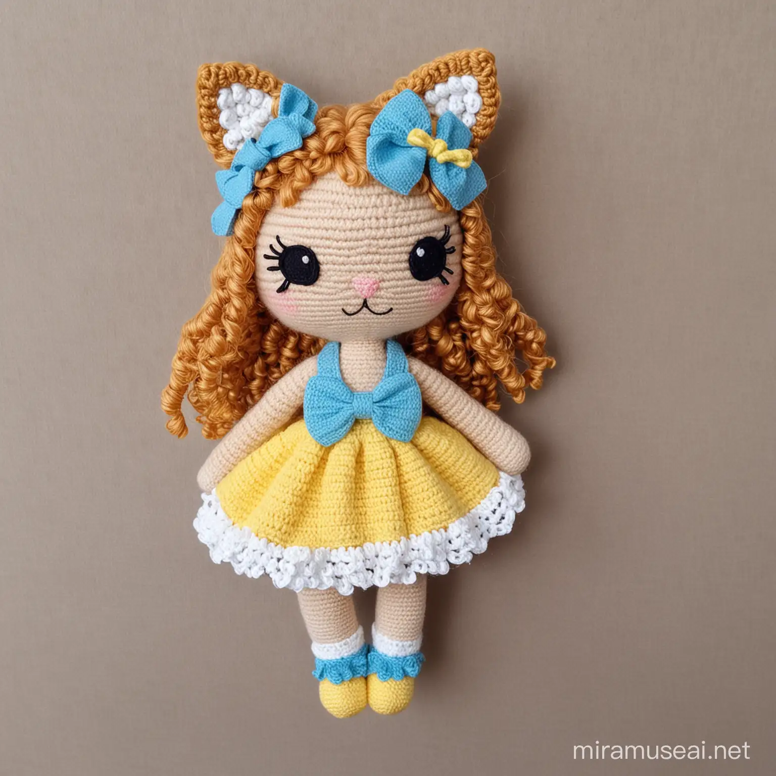Amigurumi crochet Lovely cat little baby girl, light brown curli hair, cat ears, boho blue And lemon Skirt, light blue bow, blue shues