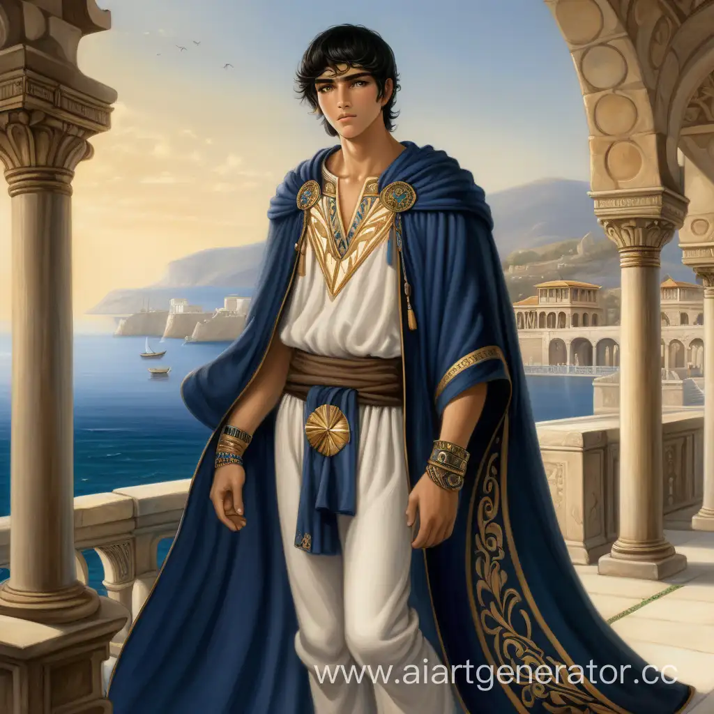 BronzeHued-Youth-with-DualColored-Eyes-Stands-Regally-on-Ancient-Seaside-Terrace