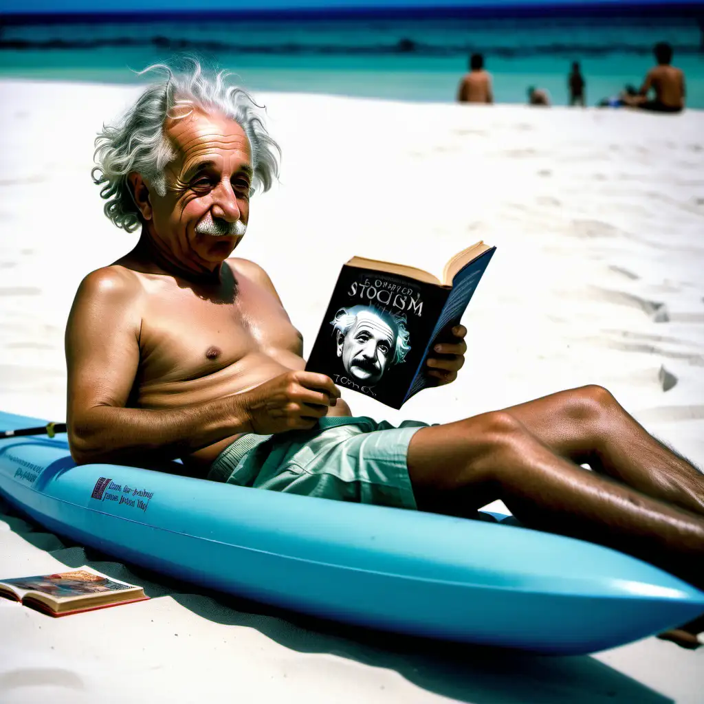 albert einstein on swim trunks reading a stoicism book on boracay beach lying down on a crystal kayak