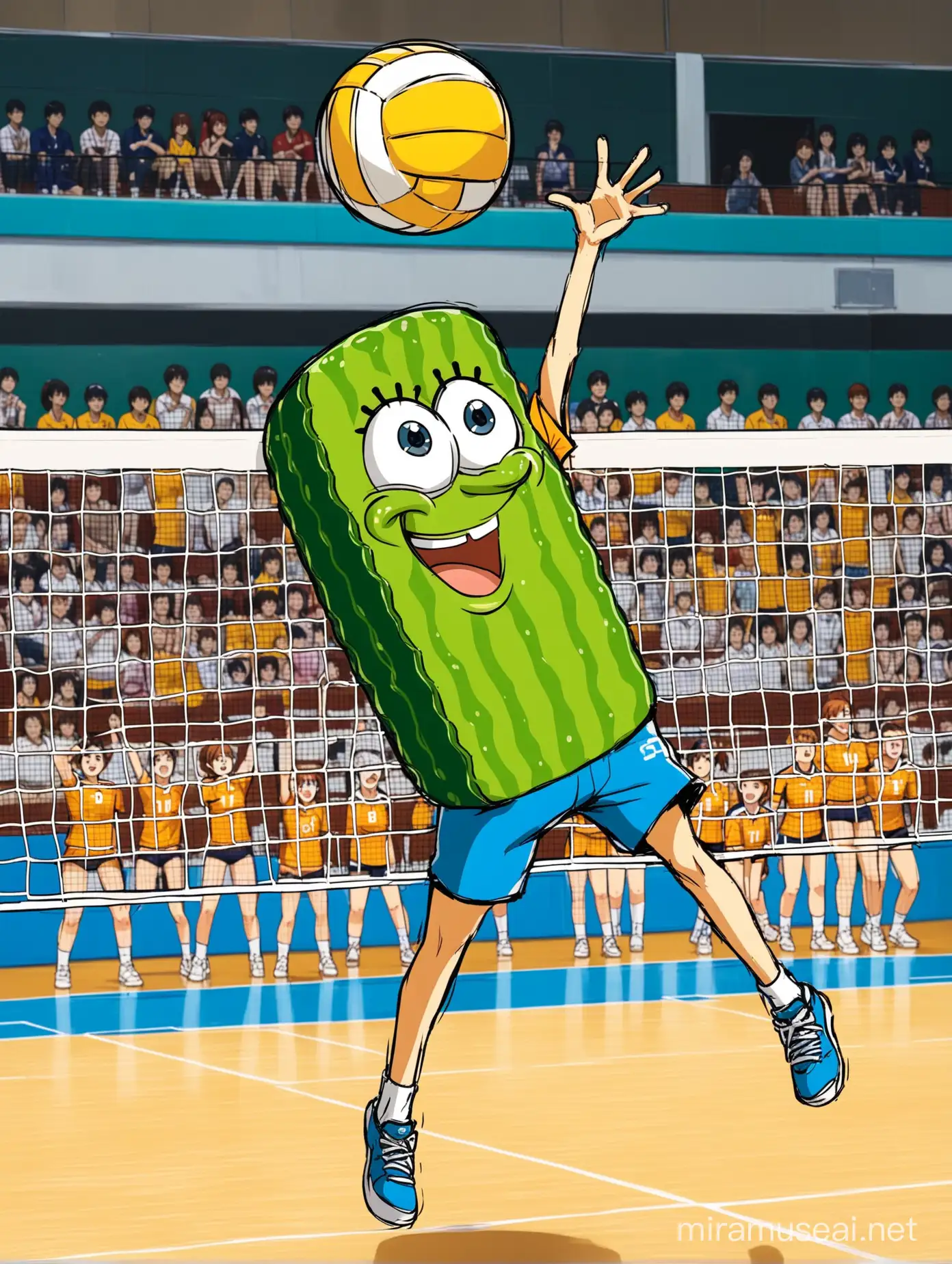 Using Haikyua volly ball anime as the artstyle and depiction.  In a similiar fashion to the spot and anime, I want Kevin the cucumber from spongebob to be midair hitting a whiffle ball with a minitaure raquet.  A net should be in front of him