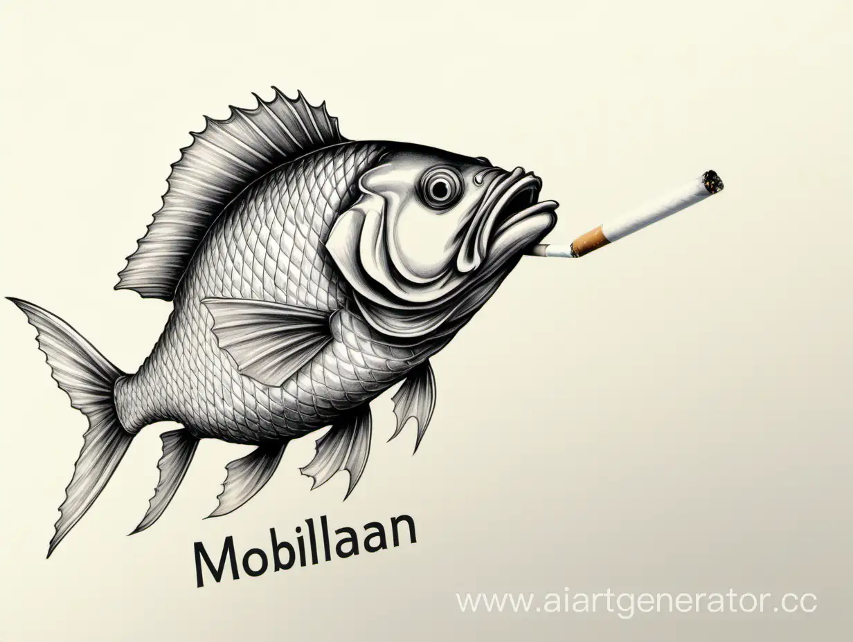 Нарисуй реалистичную рыбу которая курит сигарету и держит табличку со словом "МОБИЛАН"