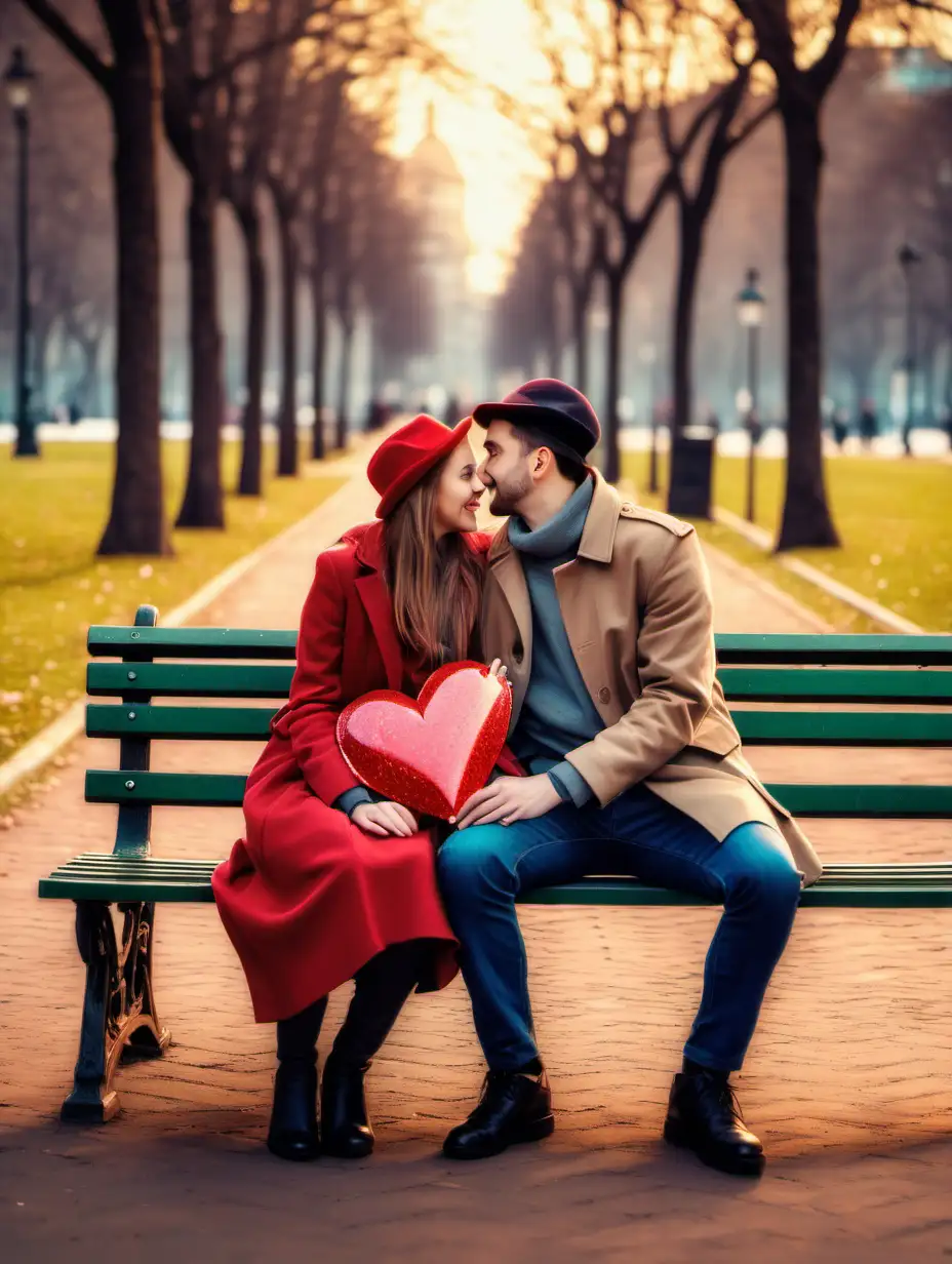 Happy Couple Celebrating St Valentines Day on Park Bench